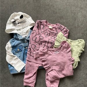 Cat & Jack 12M Toddler Baby Girl 4PC Bundle Jean Jacket Heart Sweater Bodysuit